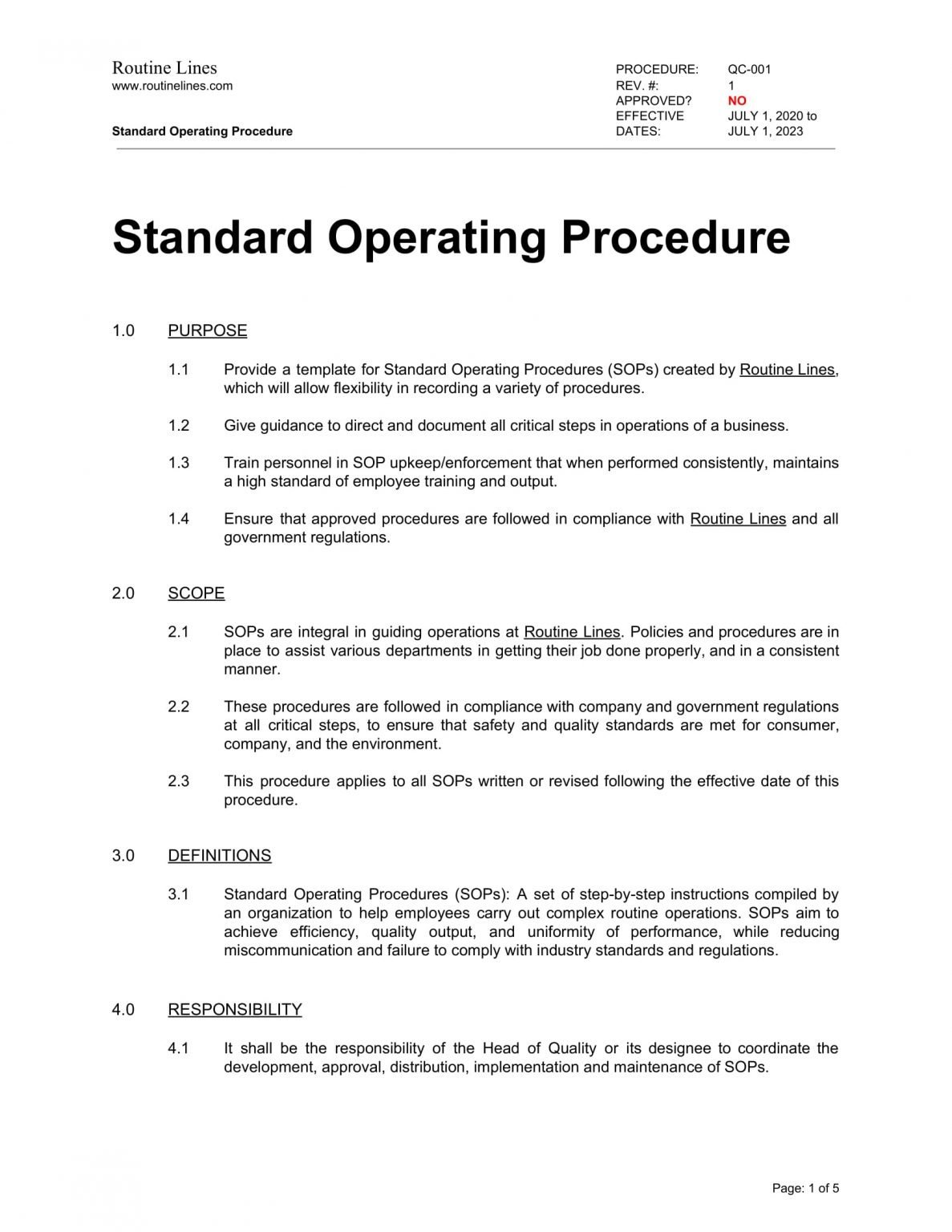 business plan operating procedures example